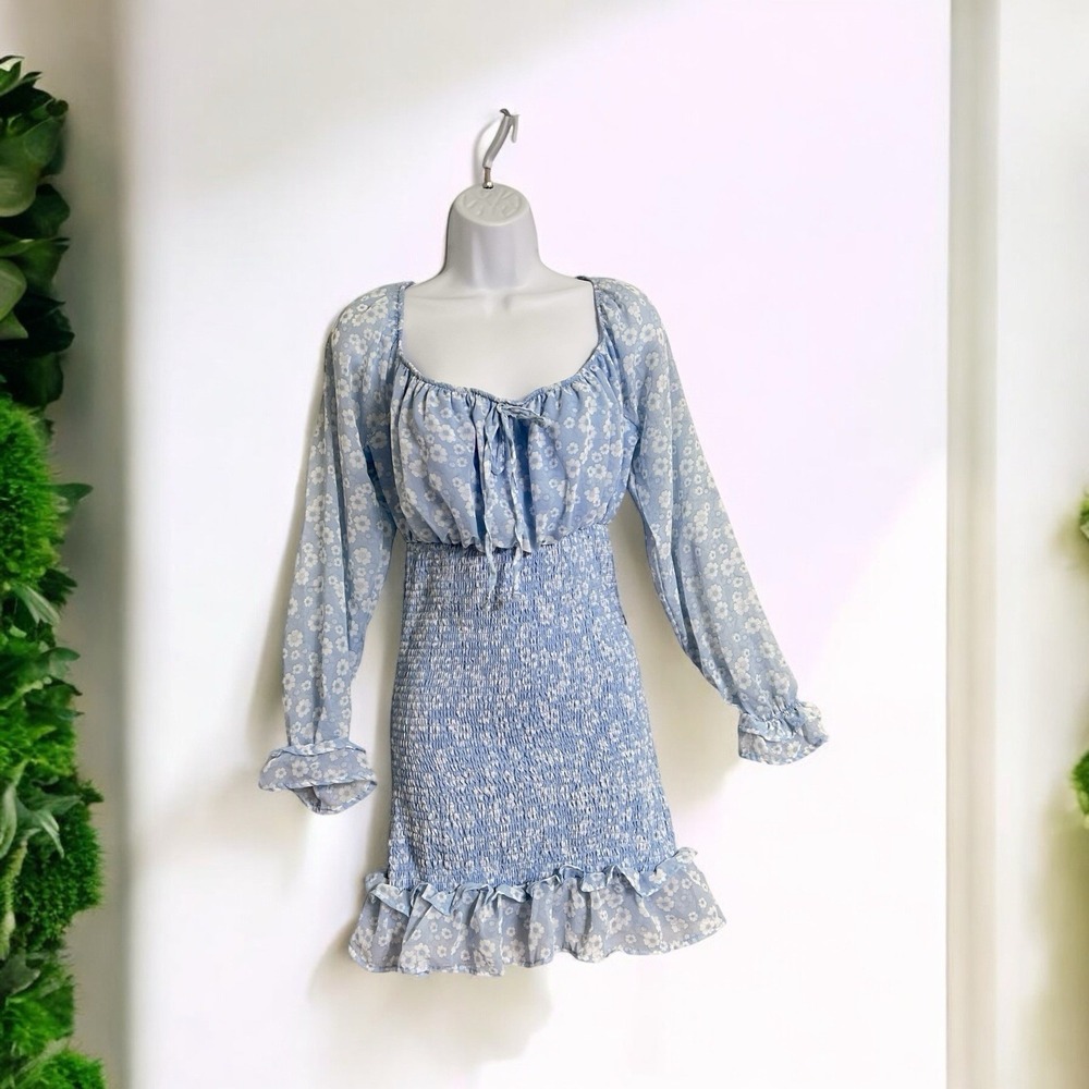 Vine & Valley Mini Fairy Dress Babydoll Tie Back Blue White Smocked